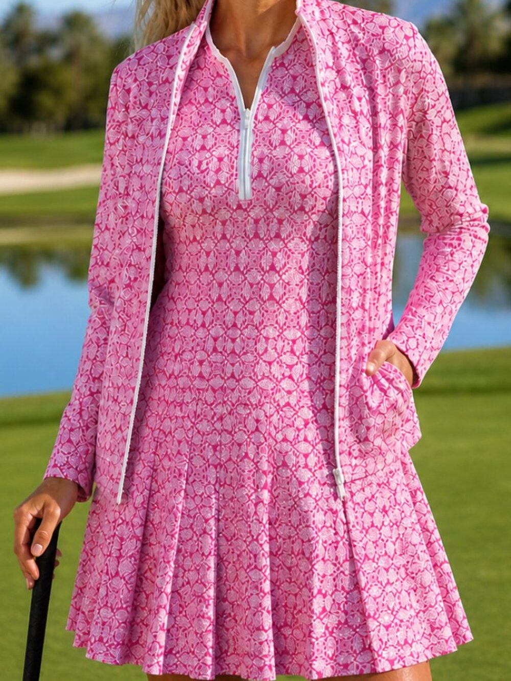 Sigrid Olsen Dress & Jacket Set Womens Sz L Golf Sports Pink Pleated Skirt
